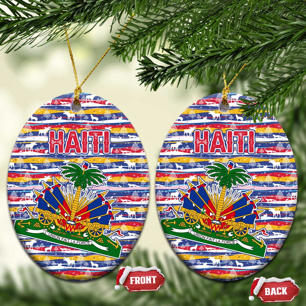 Haiti Christmas Ceramic Ornament with Blue Red Yellow Xmas Santa Sleigh and Coat of Arms TS04