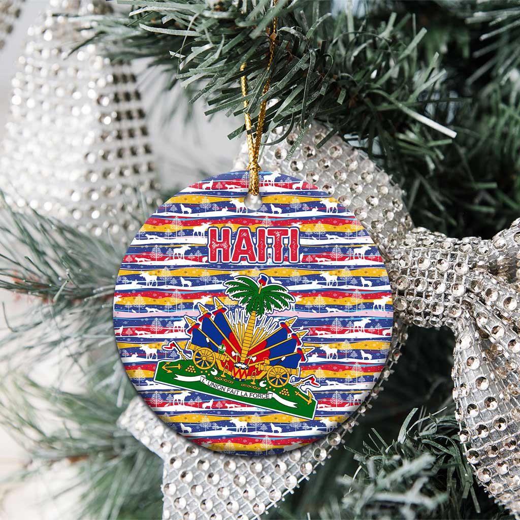 Haiti Christmas Ceramic Ornament with Blue Red Yellow Xmas Santa Sleigh and Coat of Arms TS04