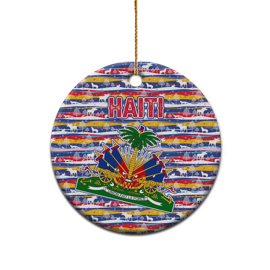 Haiti Christmas Ceramic Ornament with Blue Red Yellow Xmas Santa Sleigh and Coat of Arms TS04