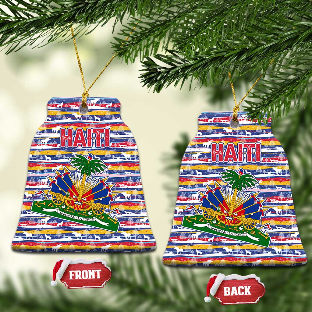 Haiti Christmas Ceramic Ornament with Blue Red Yellow Xmas Santa Sleigh and Coat of Arms TS04