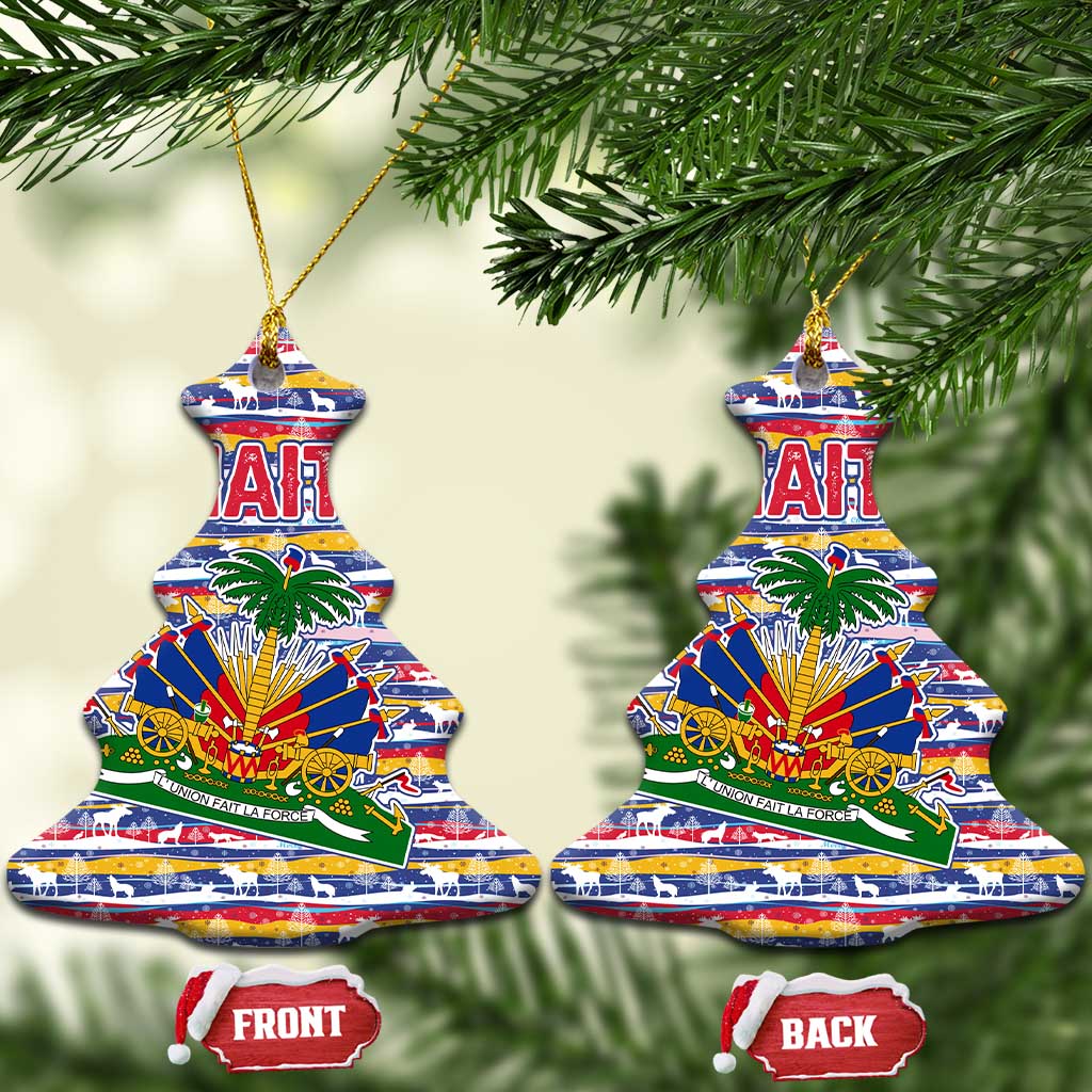 Haiti Christmas Ceramic Ornament with Blue Red Yellow Xmas Santa Sleigh and Coat of Arms TS04