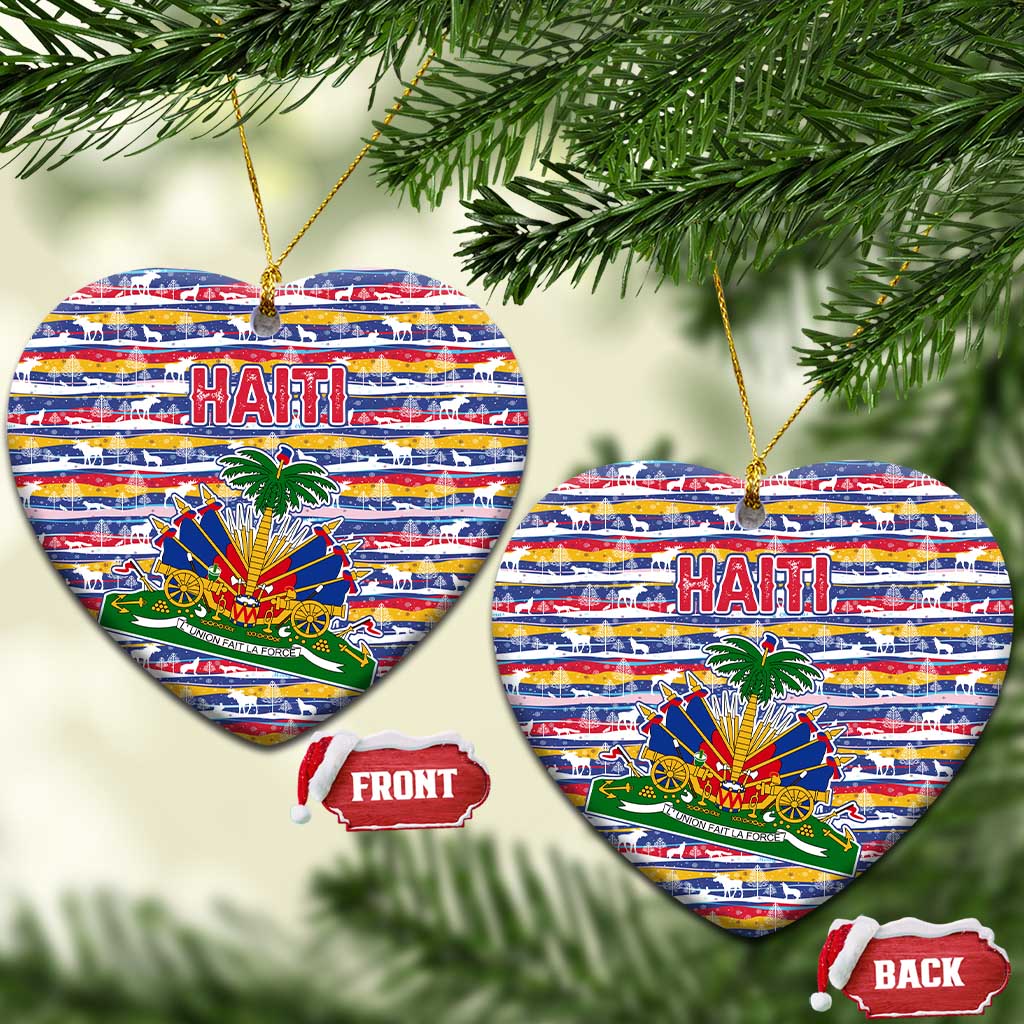 Haiti Christmas Ceramic Ornament with Blue Red Yellow Xmas Santa Sleigh and Coat of Arms TS04