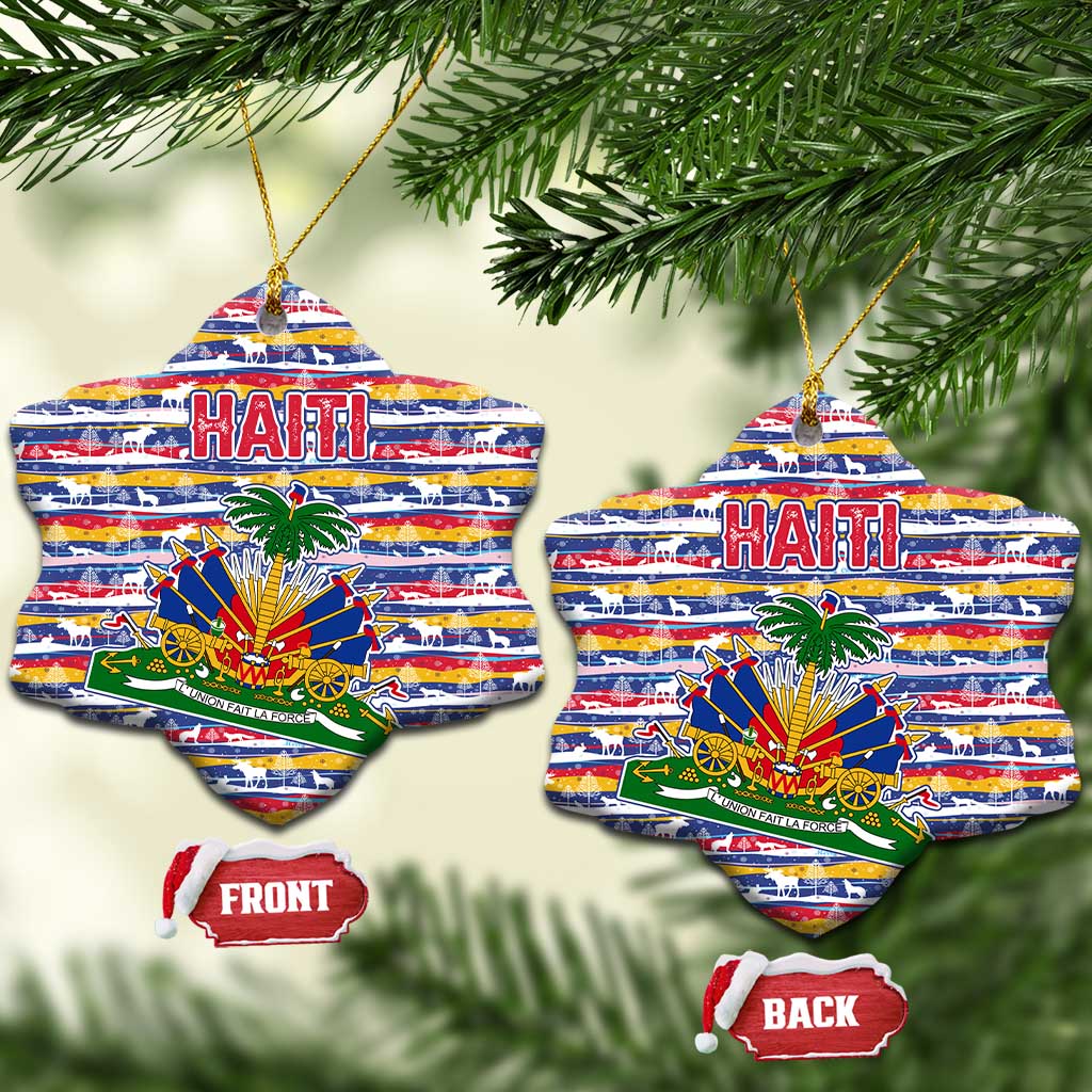 Haiti Christmas Ceramic Ornament with Blue Red Yellow Xmas Santa Sleigh and Coat of Arms TS04