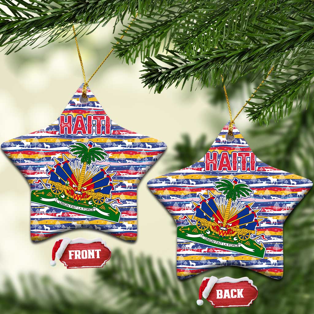 Haiti Christmas Ceramic Ornament with Blue Red Yellow Xmas Santa Sleigh and Coat of Arms TS04