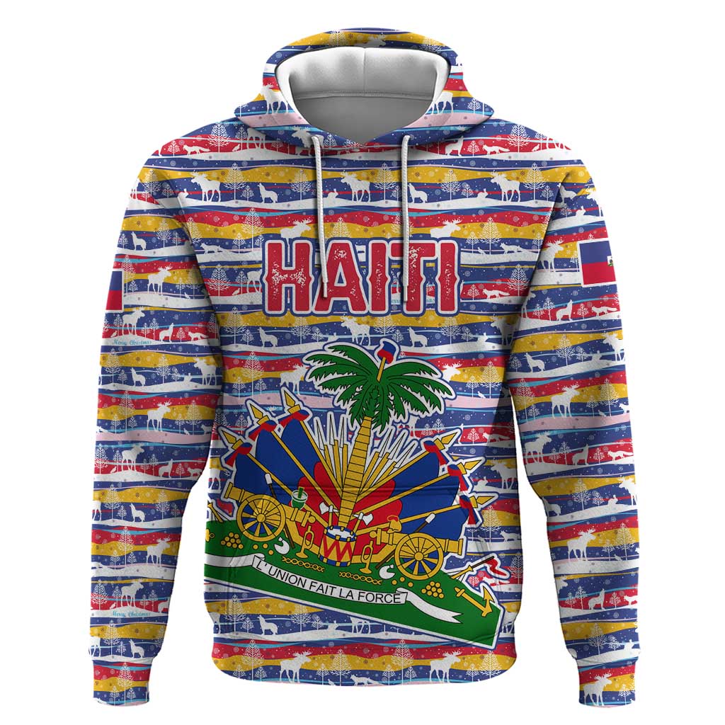 Haiti Christmas Hoodie with Blue Red Yellow Xmas Santa Sleigh and Coat of Arms TS04