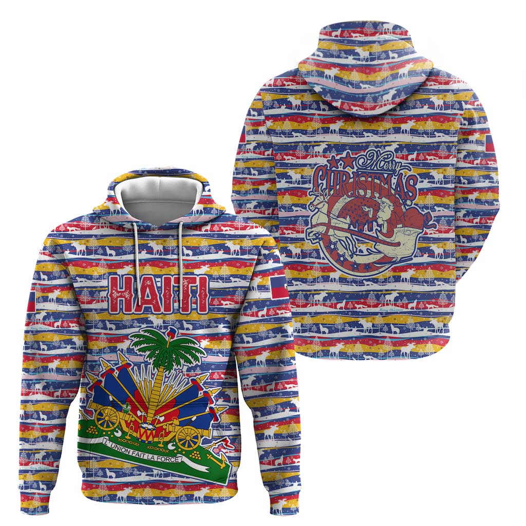 Haiti Christmas Hoodie with Blue Red Yellow Xmas Santa Sleigh and Coat of Arms TS04