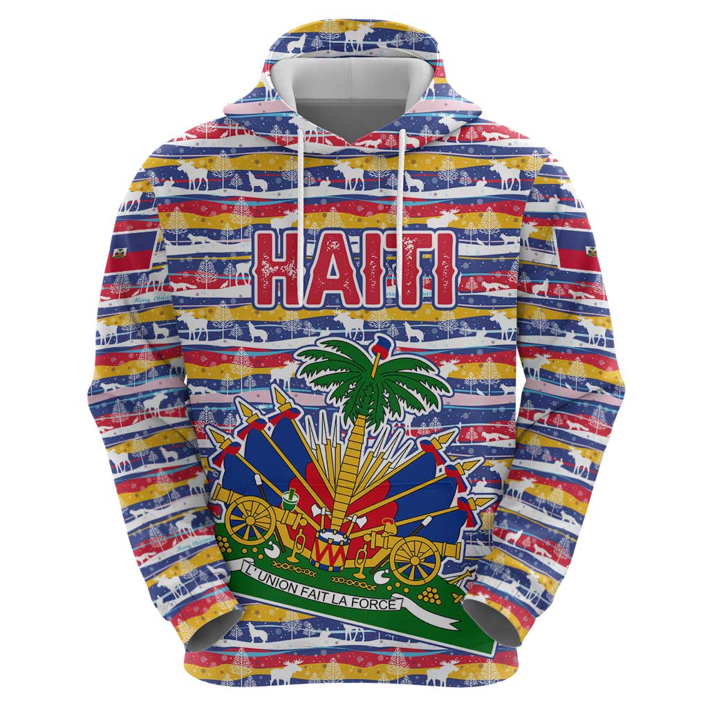 Haiti Christmas Hoodie with Blue Red Yellow Xmas Santa Sleigh and Coat of Arms TS04