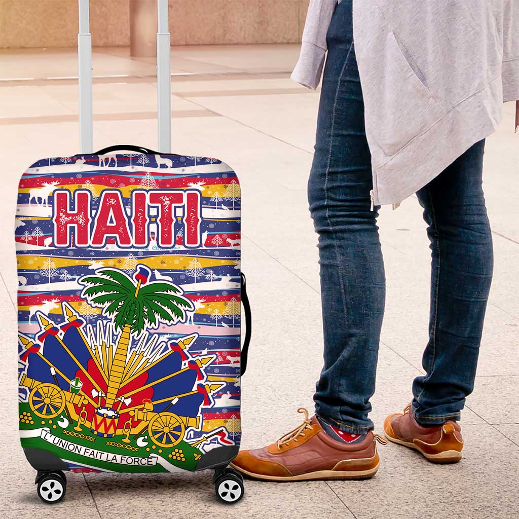 Haiti Christmas Luggage Cover with Blue Red Yellow Xmas Santa Sleigh and Coat of Arms TS04