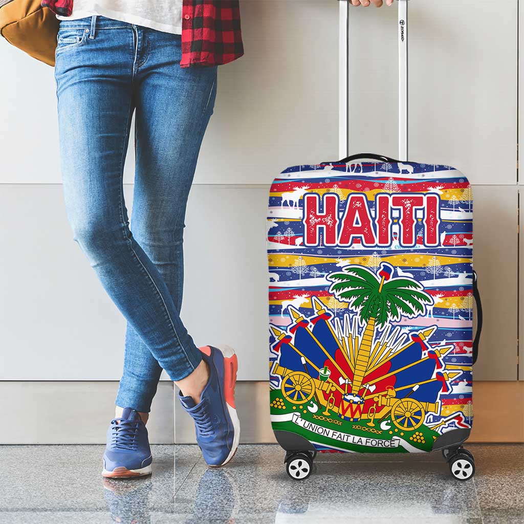 Haiti Christmas Luggage Cover with Blue Red Yellow Xmas Santa Sleigh and Coat of Arms TS04