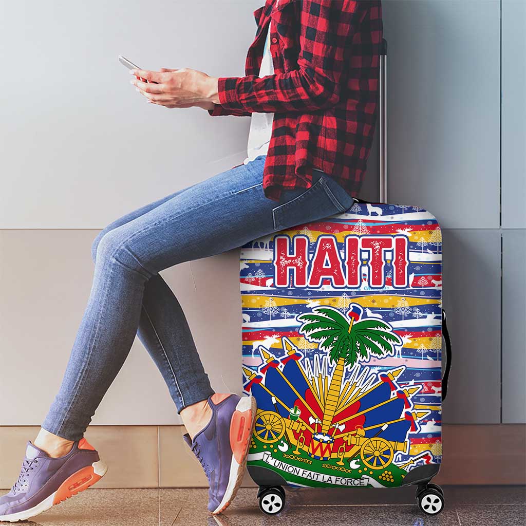 Haiti Christmas Luggage Cover with Blue Red Yellow Xmas Santa Sleigh and Coat of Arms TS04