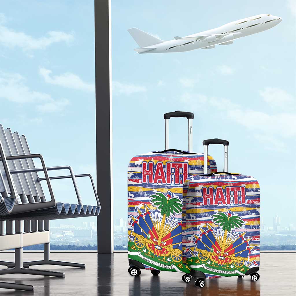 Haiti Christmas Luggage Cover with Blue Red Yellow Xmas Santa Sleigh and Coat of Arms TS04