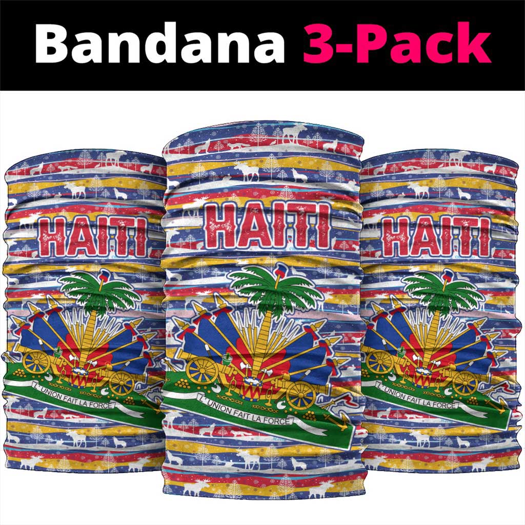 Haiti Christmas Neck Gaiter with Blue Red Yellow Xmas Santa Sleigh and Coat of Arms TS04