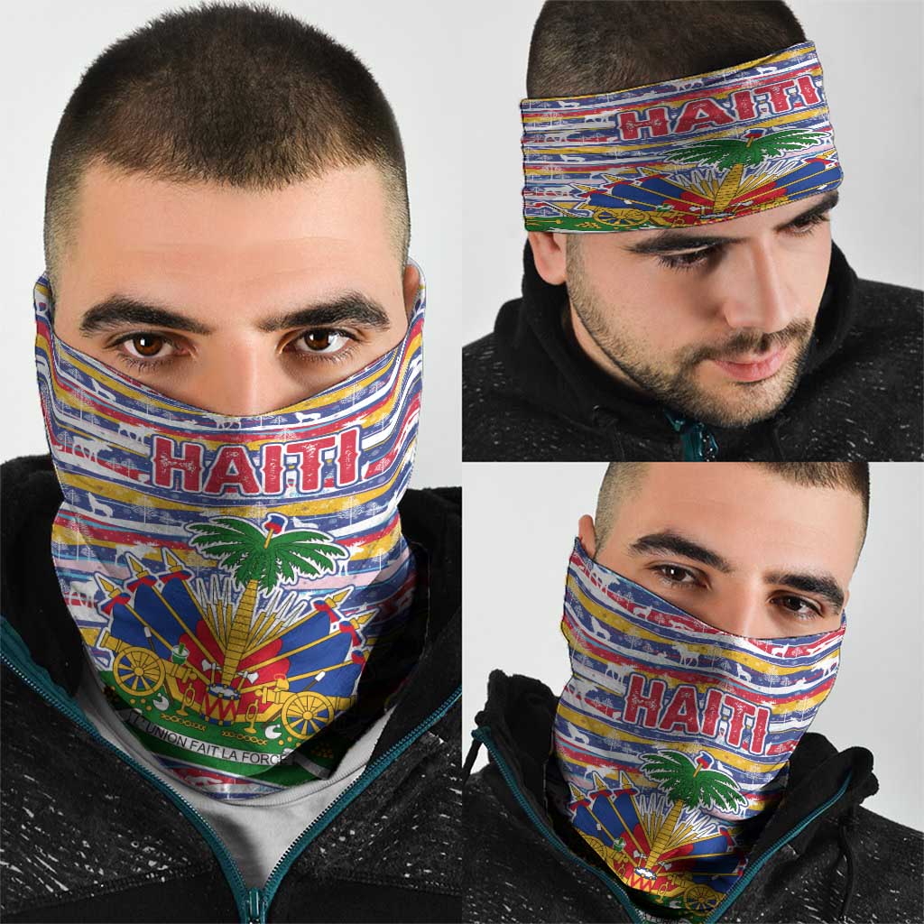 Haiti Christmas Neck Gaiter with Blue Red Yellow Xmas Santa Sleigh and Coat of Arms TS04