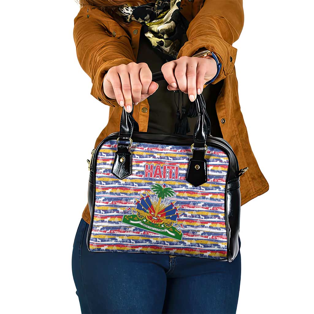 Haiti Christmas Shoulder Handbag with Blue Red Yellow Xmas Santa Sleigh and Coat of Arms TS04