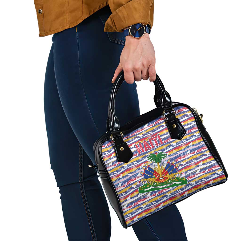 Haiti Christmas Shoulder Handbag with Blue Red Yellow Xmas Santa Sleigh and Coat of Arms TS04