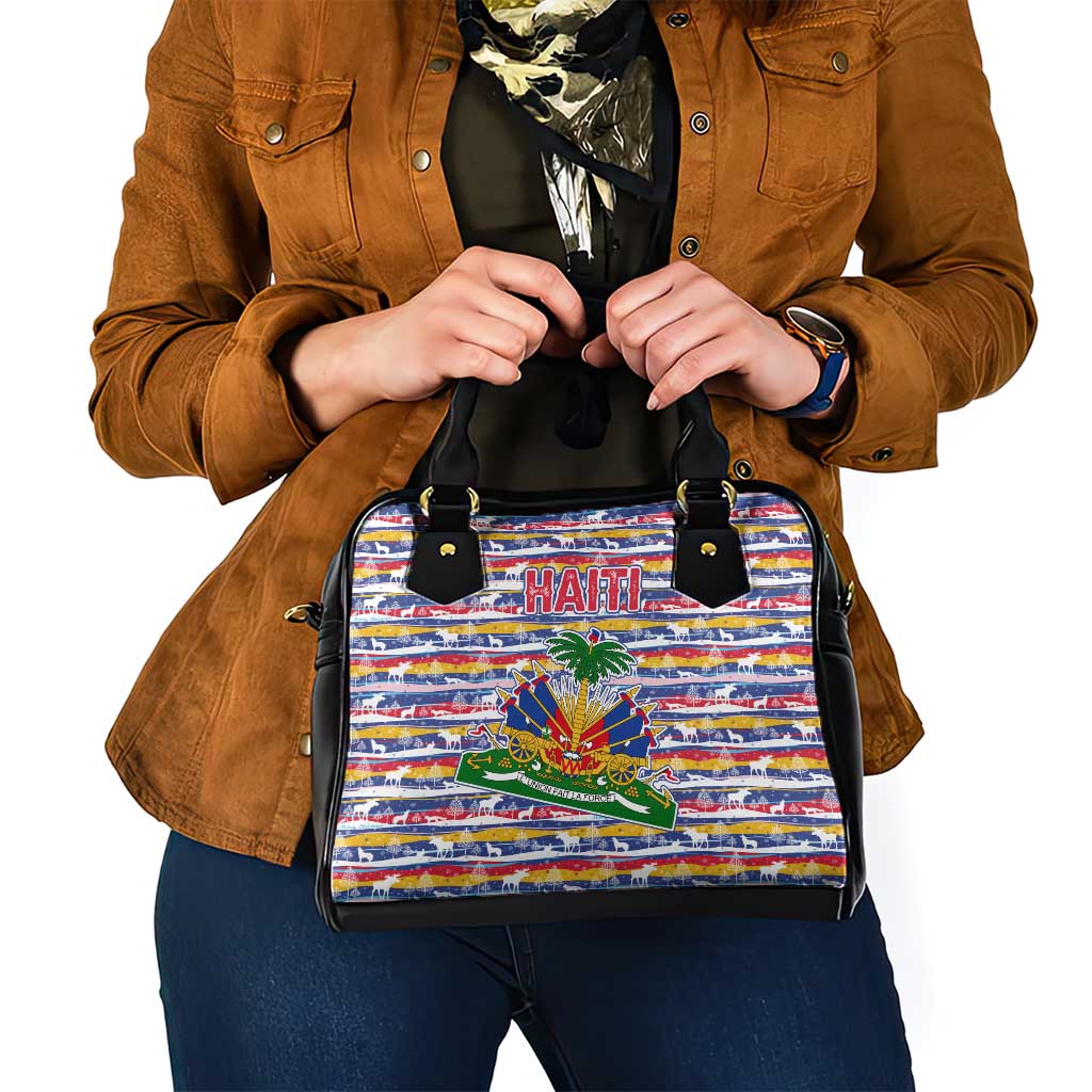 Haiti Christmas Shoulder Handbag with Blue Red Yellow Xmas Santa Sleigh and Coat of Arms TS04