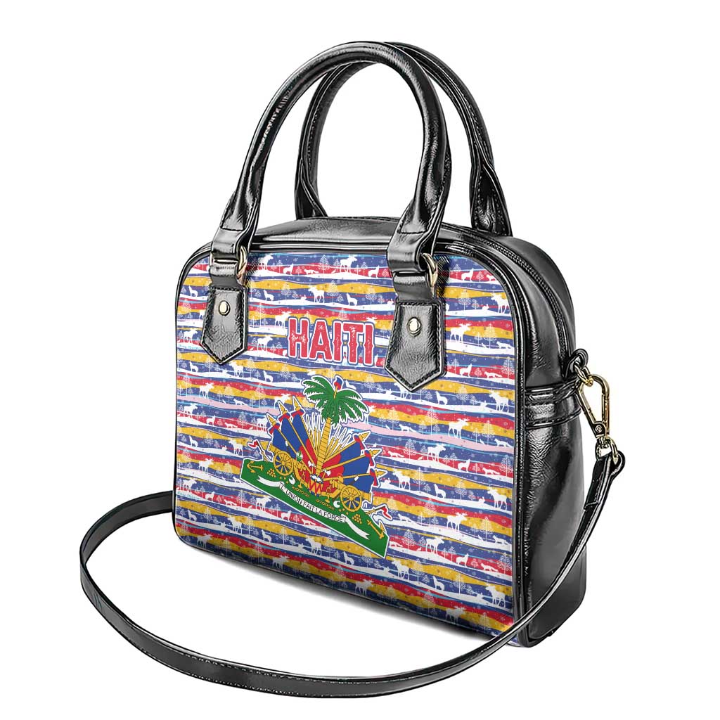 Haiti Christmas Shoulder Handbag with Blue Red Yellow Xmas Santa Sleigh and Coat of Arms TS04