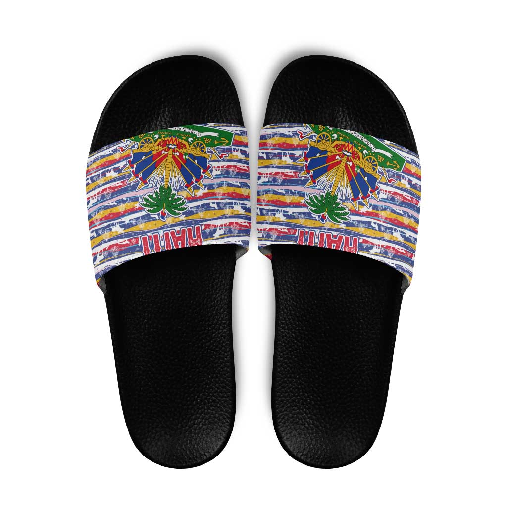 Haiti Christmas Slide Sandals with Blue Red Yellow Xmas Santa Sleigh and Coat of Arms TS04