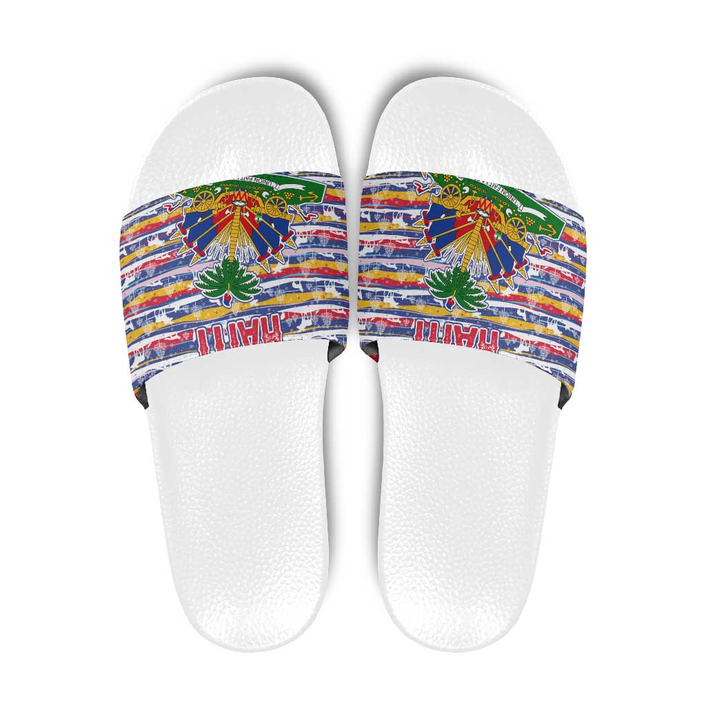 Haiti Christmas Slide Sandals with Blue Red Yellow Xmas Santa Sleigh and Coat of Arms TS04