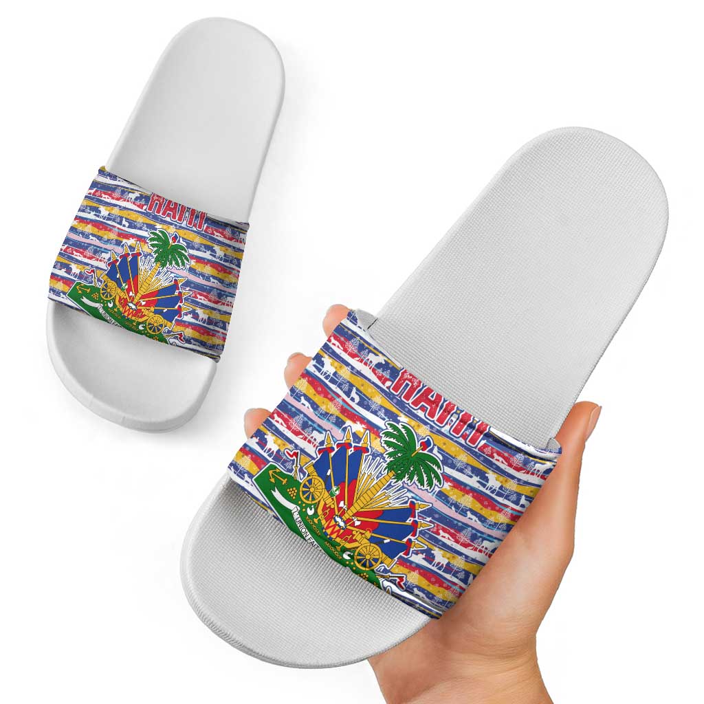 Haiti Christmas Slide Sandals with Blue Red Yellow Xmas Santa Sleigh and Coat of Arms TS04