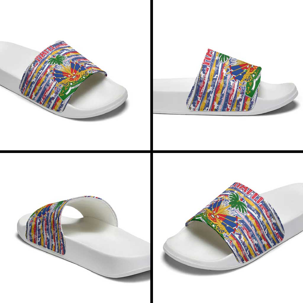 Haiti Christmas Slide Sandals with Blue Red Yellow Xmas Santa Sleigh and Coat of Arms TS04
