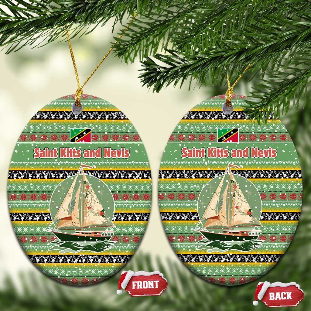 Saint Kitts and Nevis Christmas Ceramic Ornament with Green Red Black Xmas Sailboat and Map TS04