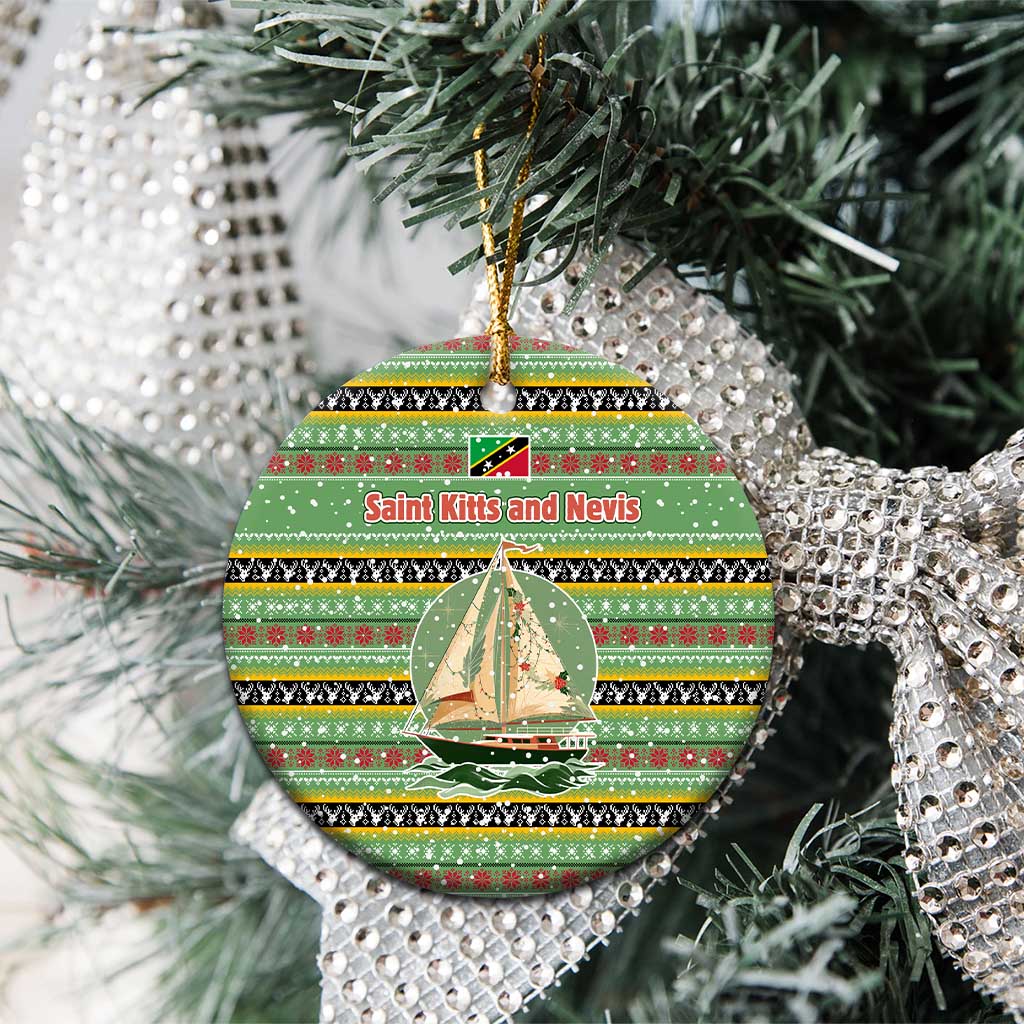 Saint Kitts and Nevis Christmas Ceramic Ornament with Green Red Black Xmas Sailboat and Map TS04