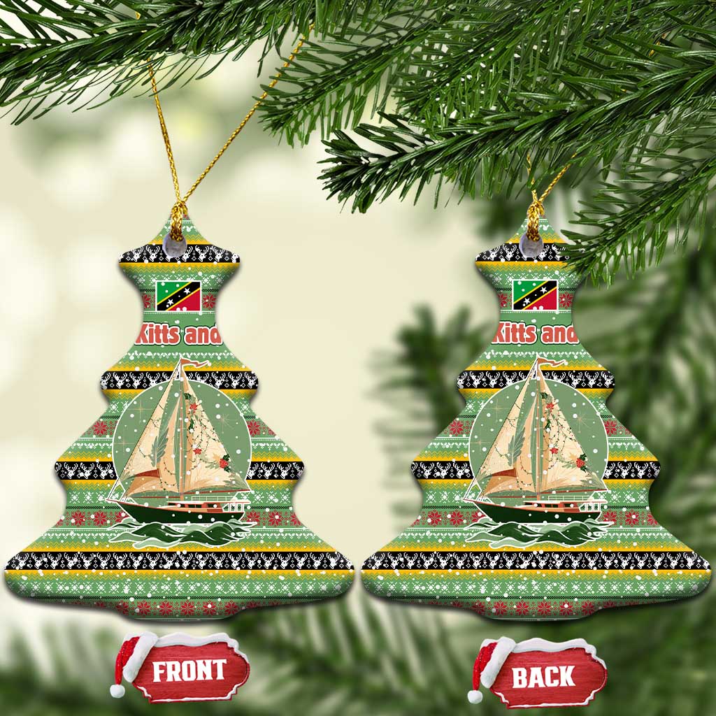 Saint Kitts and Nevis Christmas Ceramic Ornament with Green Red Black Xmas Sailboat and Map TS04