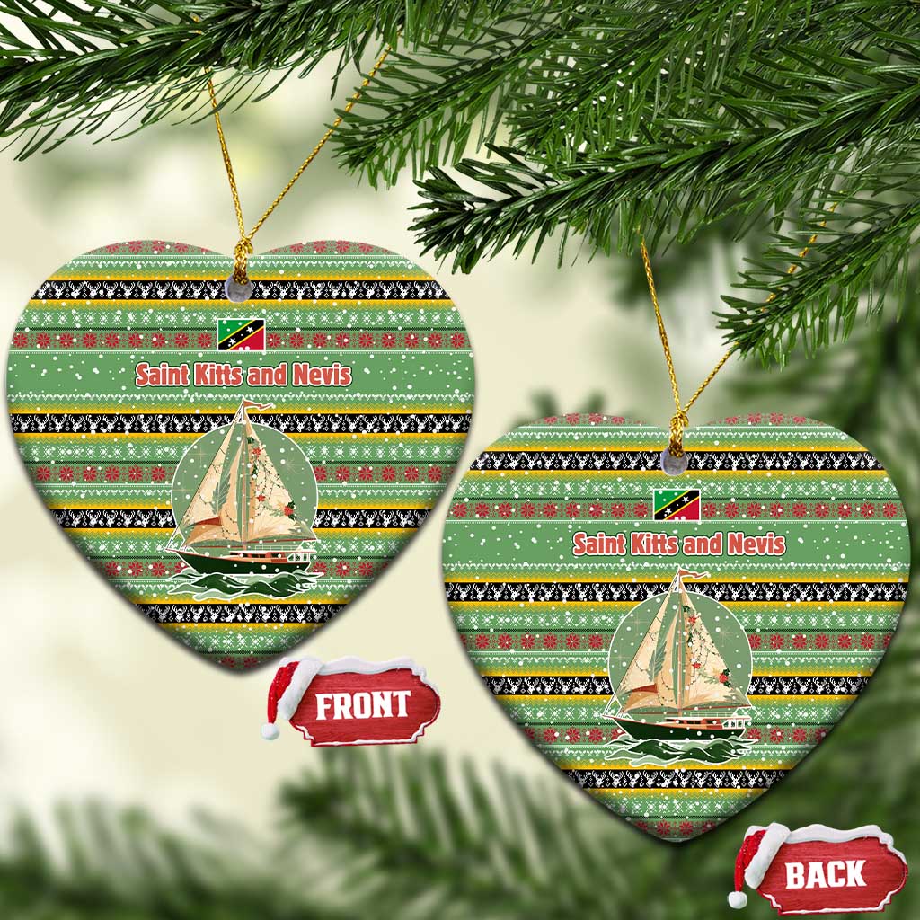 Saint Kitts and Nevis Christmas Ceramic Ornament with Green Red Black Xmas Sailboat and Map TS04