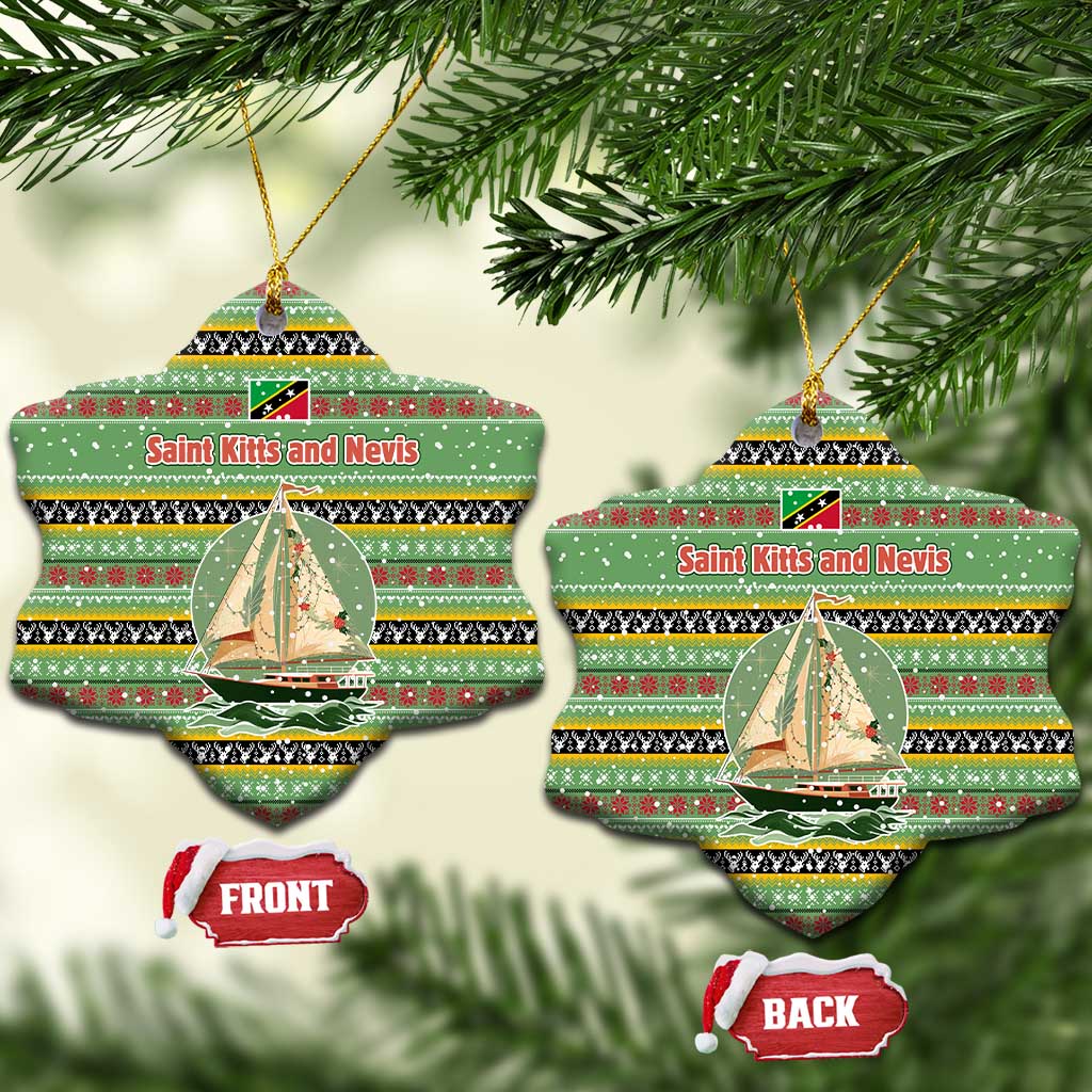 Saint Kitts and Nevis Christmas Ceramic Ornament with Green Red Black Xmas Sailboat and Map TS04