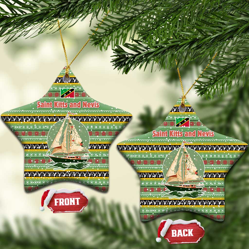 Saint Kitts and Nevis Christmas Ceramic Ornament with Green Red Black Xmas Sailboat and Map TS04