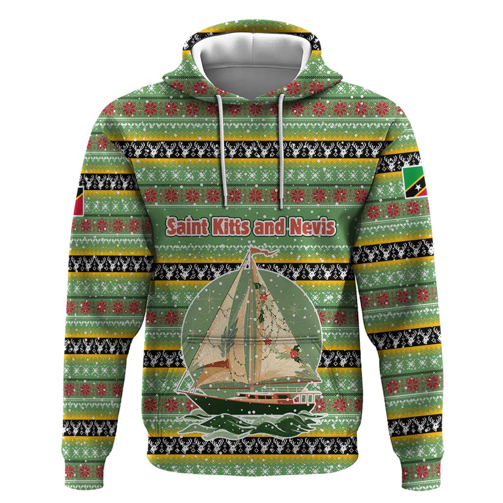 Saint Kitts and Nevis Christmas Hoodie with Green Red Black Xmas Sailboat and Map TS04