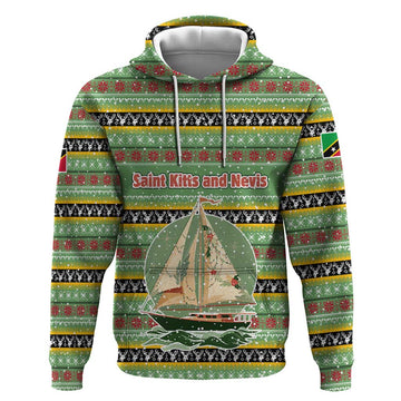 Saint Kitts and Nevis Christmas Hoodie with Green Red Black Xmas Sailboat and Map TS04