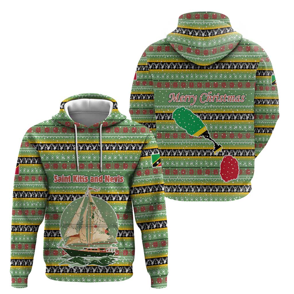 Saint Kitts and Nevis Christmas Hoodie with Green Red Black Xmas Sailboat and Map TS04