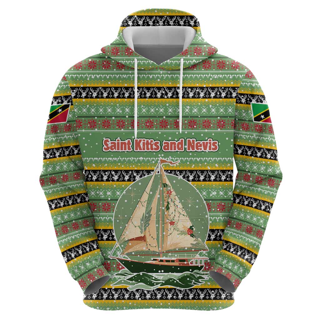 Saint Kitts and Nevis Christmas Hoodie with Green Red Black Xmas Sailboat and Map TS04