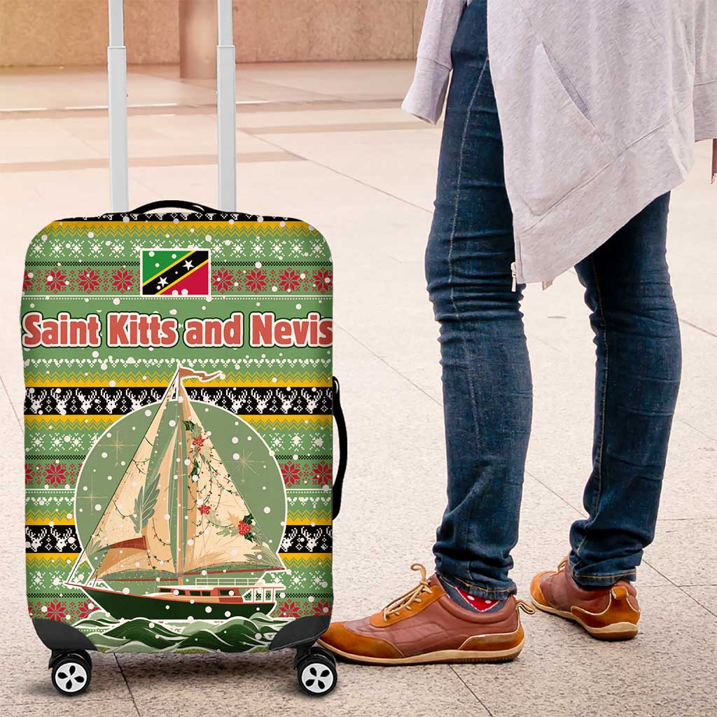 Saint Kitts and Nevis Christmas Luggage Cover with Green Red Black Xmas Sailboat and Map TS04