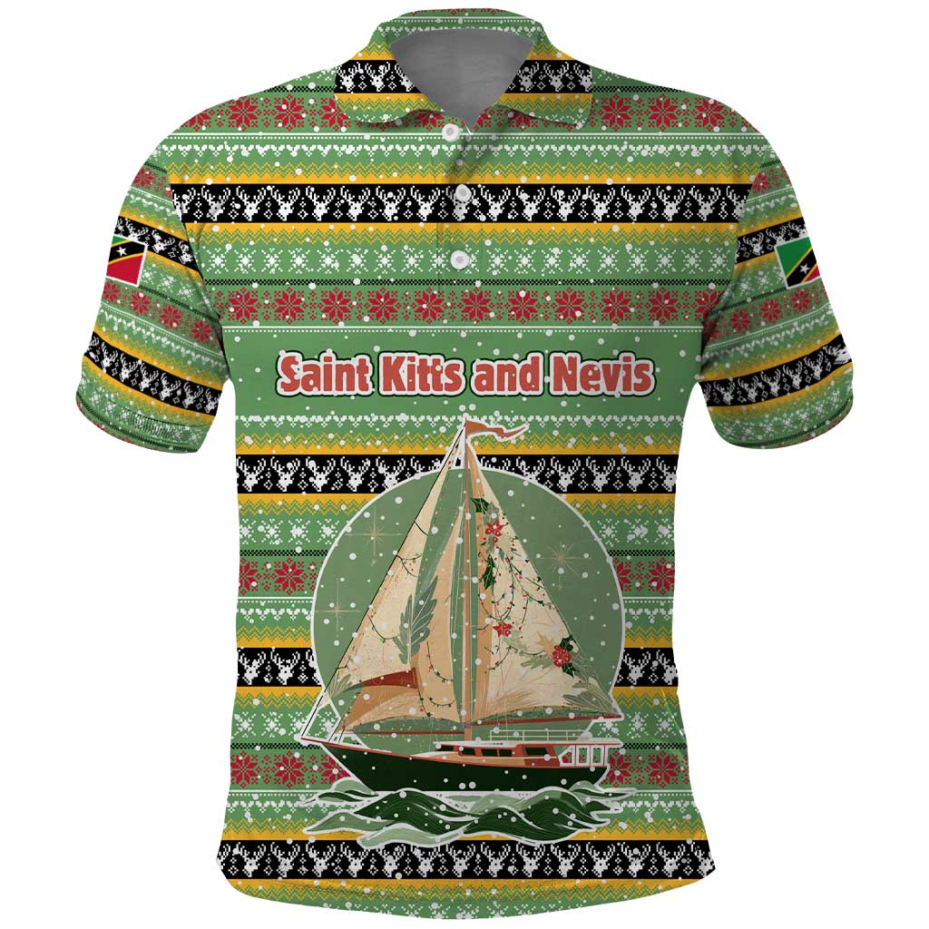 Saint Kitts and Nevis Christmas Polo Shirt with Green Red Black Xmas Sailboat and Map TS04