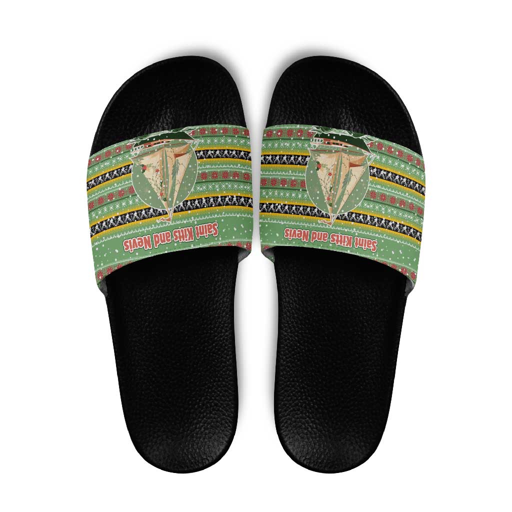 Saint Kitts and Nevis Christmas Slide Sandals with Green Red Black Xmas Sailboat and Map TS04
