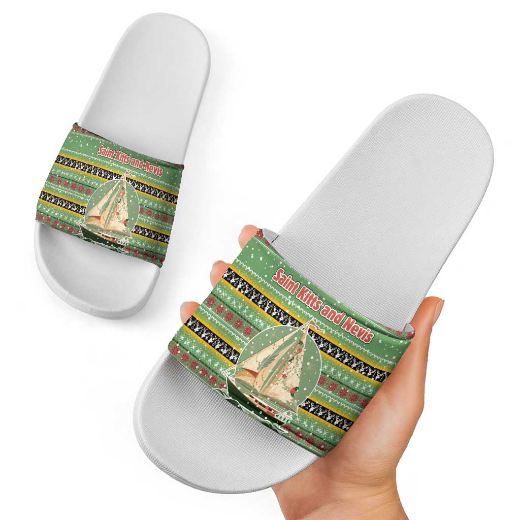 Saint Kitts and Nevis Christmas Slide Sandals with Green Red Black Xmas Sailboat and Map TS04