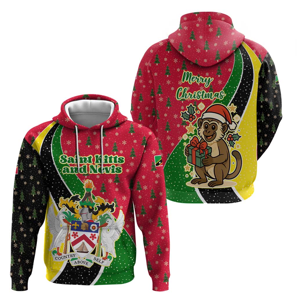 Saint Kitts and Nevis Christmas Hoodie with Red Green Black Xmas Monkey Gift and Coat of Arms TS04