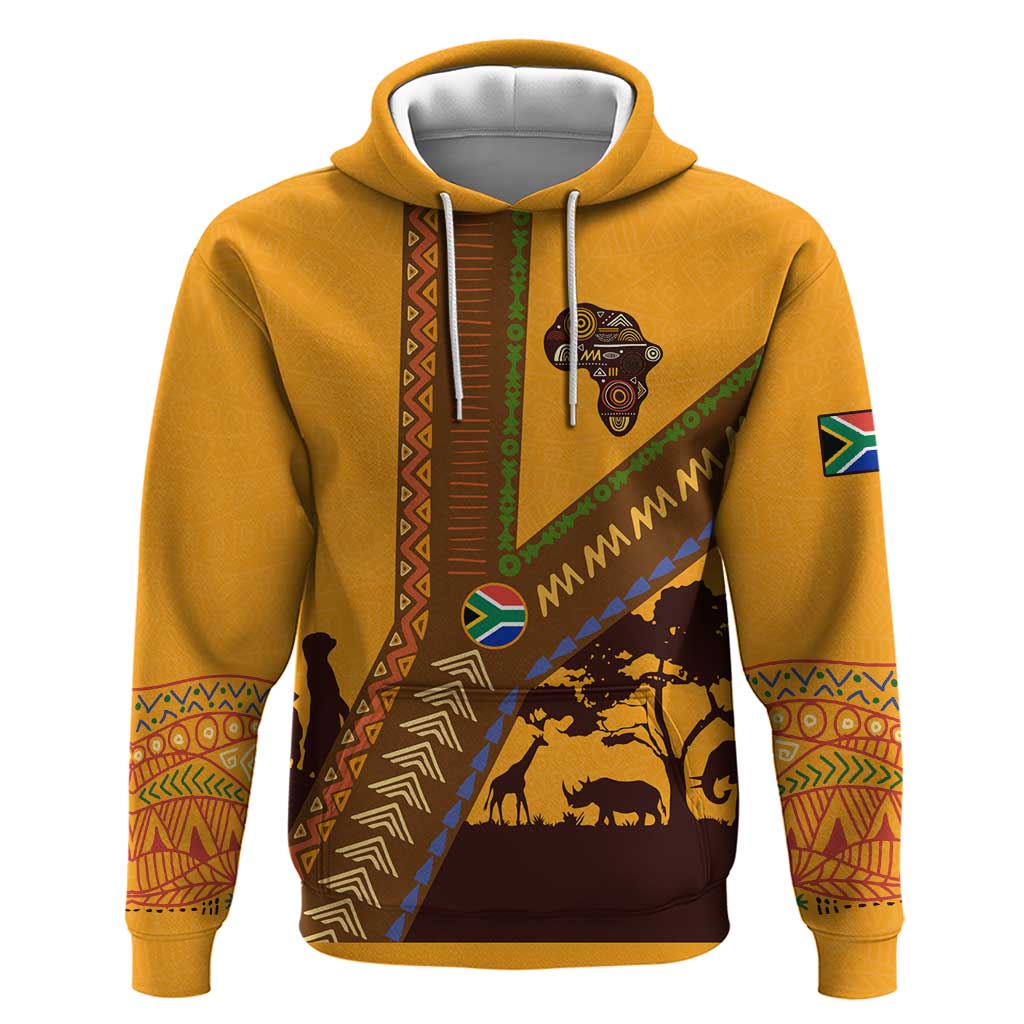 Tribal Africa Heritage with South Africa Flag Hoodie Wildlife Silhouettes in Earthy Yellow and Brown TS04
