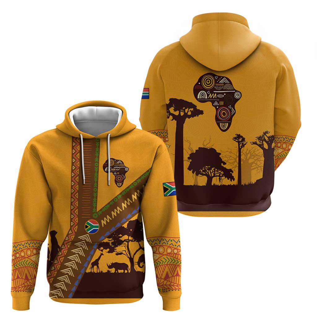 Tribal Africa Heritage with South Africa Flag Hoodie Wildlife Silhouettes in Earthy Yellow and Brown TS04
