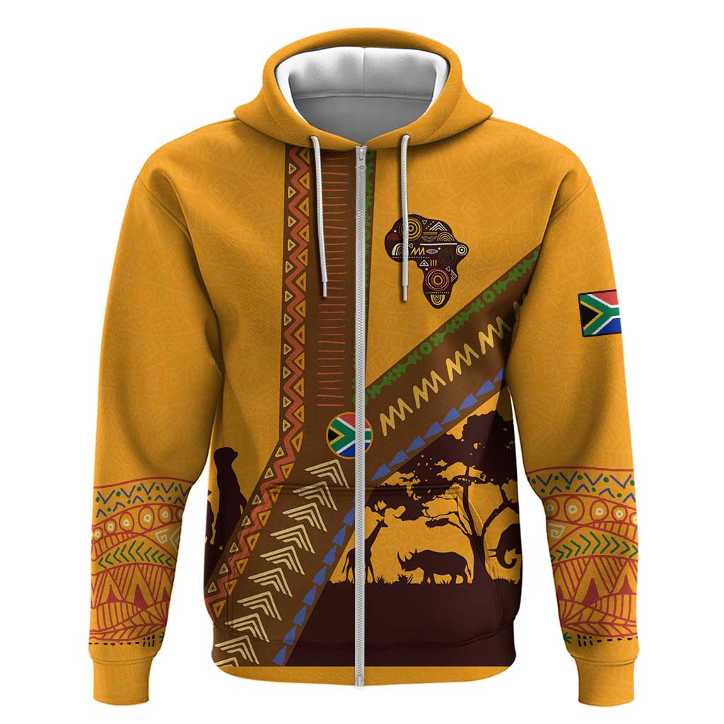 Tribal Africa Heritage with South Africa Flag Hoodie Wildlife Silhouettes in Earthy Yellow and Brown TS04