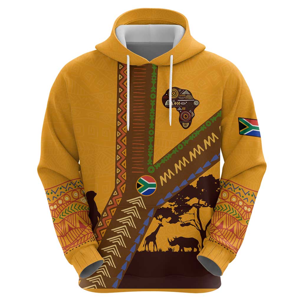 Tribal Africa Heritage with South Africa Flag Hoodie Wildlife Silhouettes in Earthy Yellow and Brown TS04