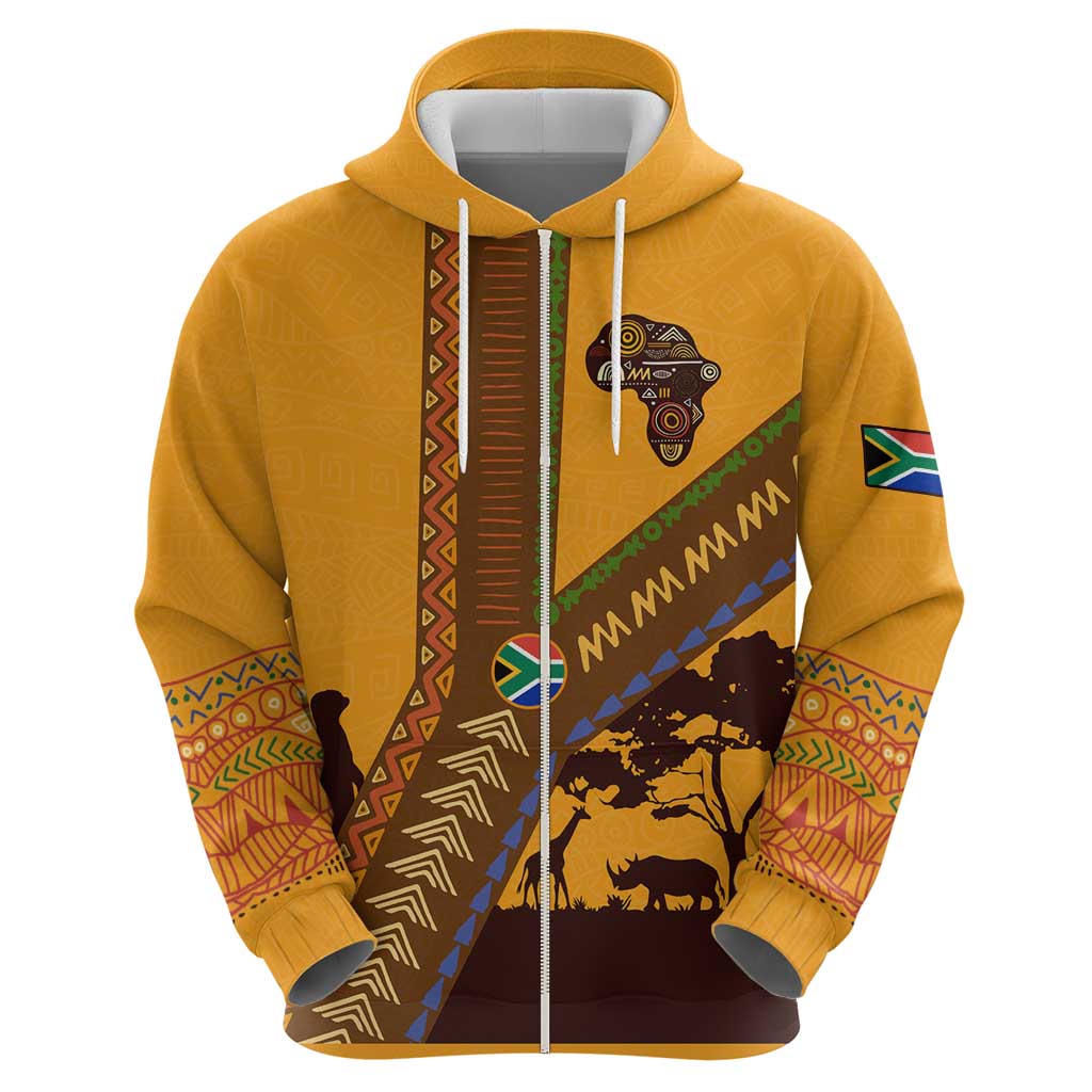 Tribal Africa Heritage with South Africa Flag Hoodie Wildlife Silhouettes in Earthy Yellow and Brown TS04