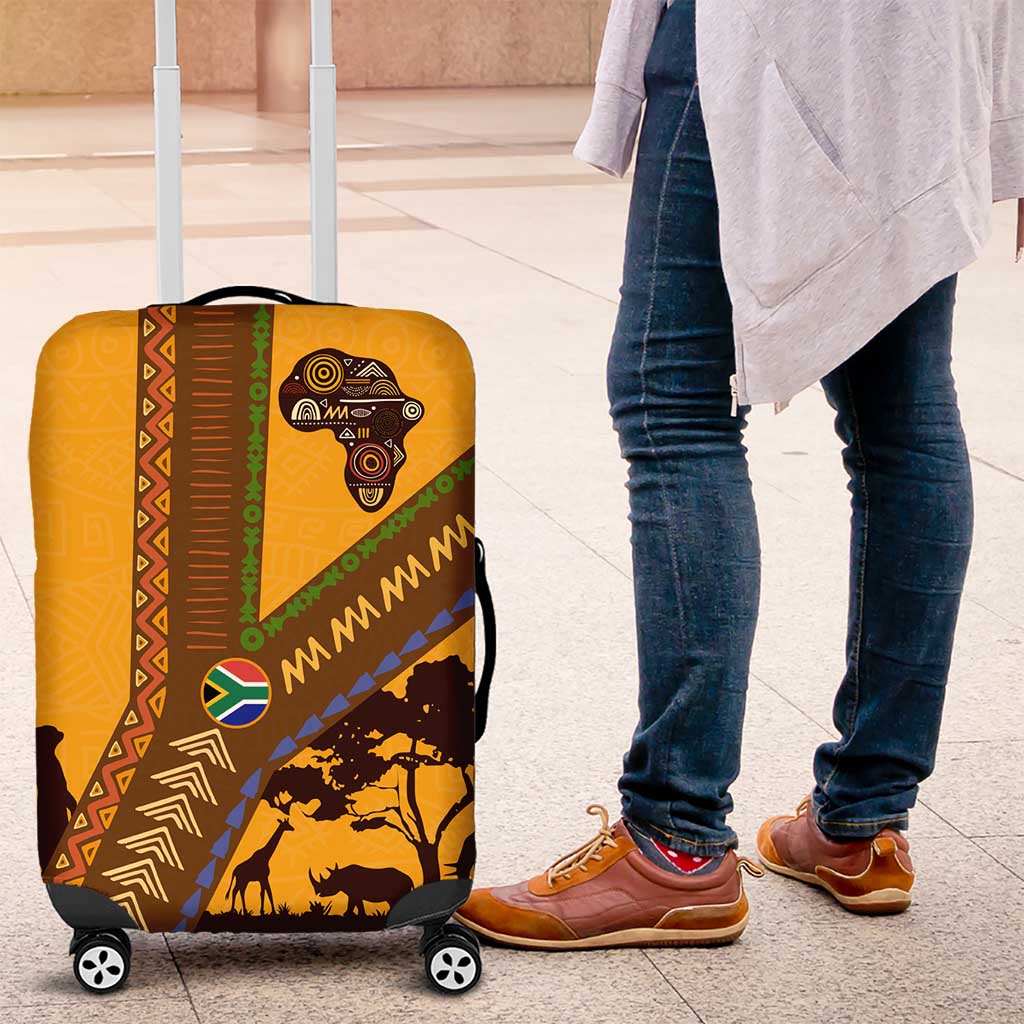 Tribal Africa Heritage with South Africa Flag Luggage Cover Wildlife Silhouettes in Earthy Yellow and Brown TS04