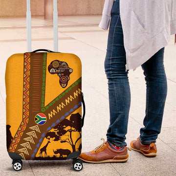 Tribal Africa Heritage with South Africa Flag Luggage Cover Wildlife Silhouettes in Earthy Yellow and Brown TS04