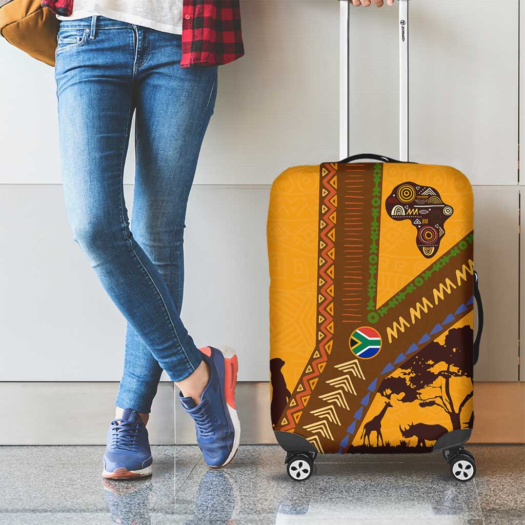 Tribal Africa Heritage with South Africa Flag Luggage Cover Wildlife Silhouettes in Earthy Yellow and Brown TS04