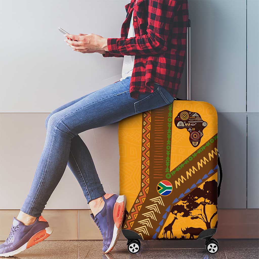 Tribal Africa Heritage with South Africa Flag Luggage Cover Wildlife Silhouettes in Earthy Yellow and Brown TS04