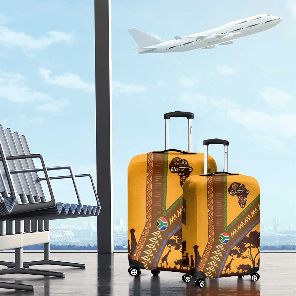 Tribal Africa Heritage with South Africa Flag Luggage Cover Wildlife Silhouettes in Earthy Yellow and Brown TS04